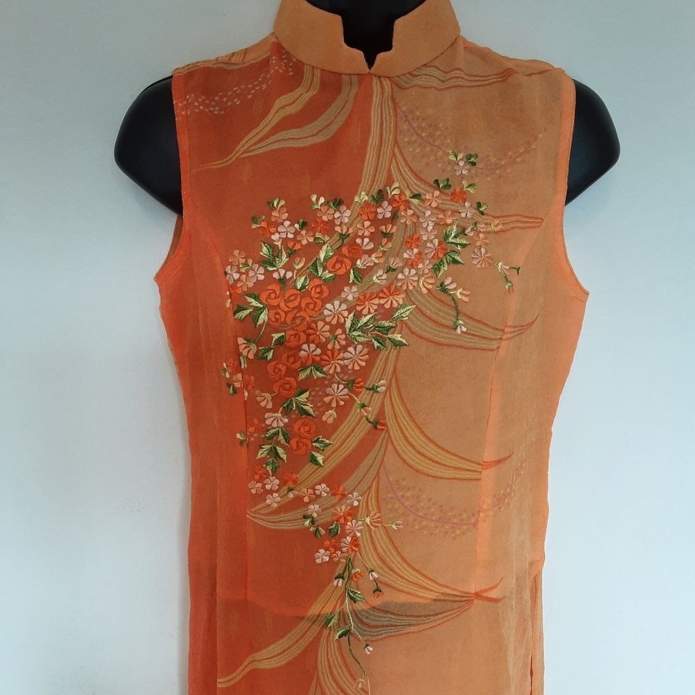 Asian Orange Authentic "Ao Dai" 2 Piece Silk Outfit NWOT